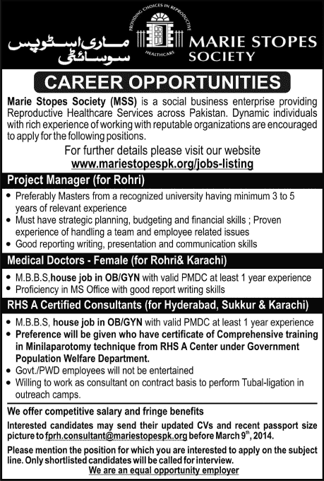 Marie Stopes Society Jobs 2014 March for Project Manager, Medical Doctors & Consultants