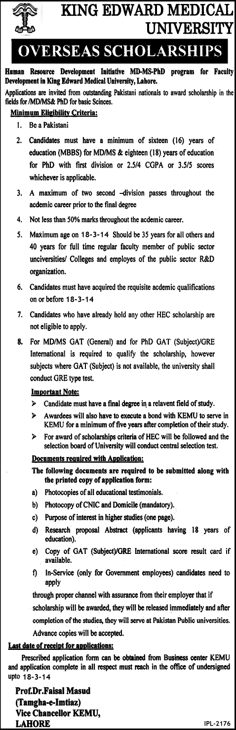 King Edward Medical University Overseas Scholarships 2014 for Faculty Development