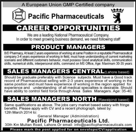 Pacific Pharmaceuticals Ltd Jobs 2014 March for Product / Sales Managers