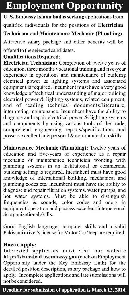 US Embassy Islamabad Jobs 2014 March for Electrician Technician & Maintenance Mechanic (Plumbing)