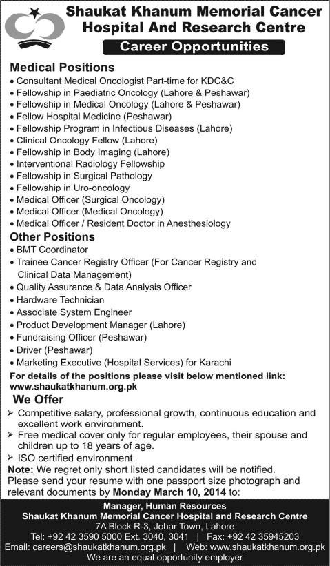 Shaukat Khanum Hospital Jobs 2014 March for Medical / Non-Medical Positions