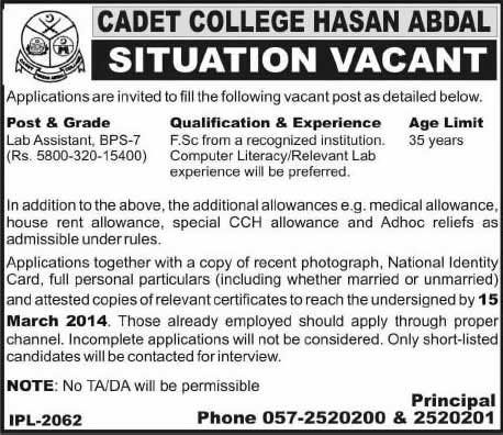 Cadet College Hasan Abdal Jobs 2014 March for Lab Assistant