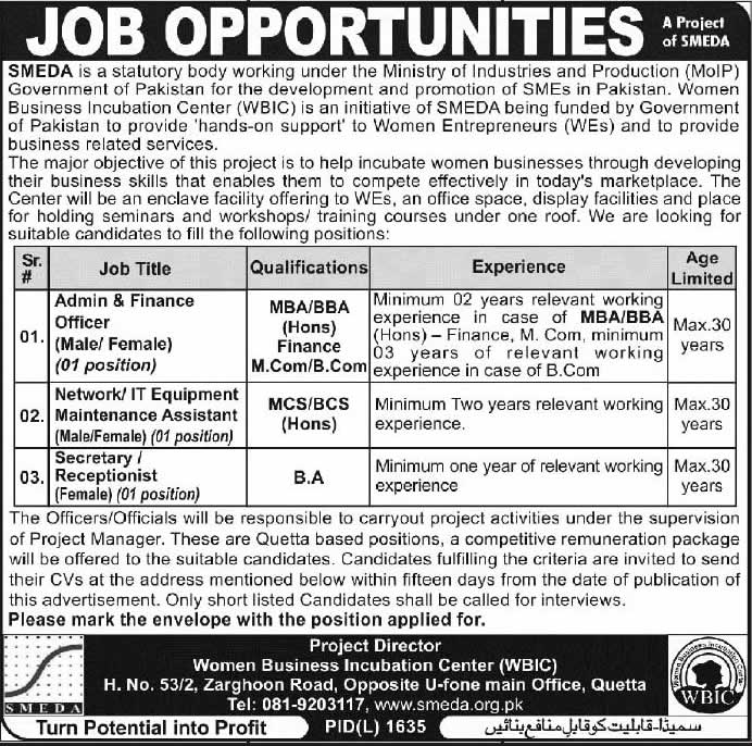 SMEDA Women Business Incubation Center (WBIC) Quetta Jobs 2014 March