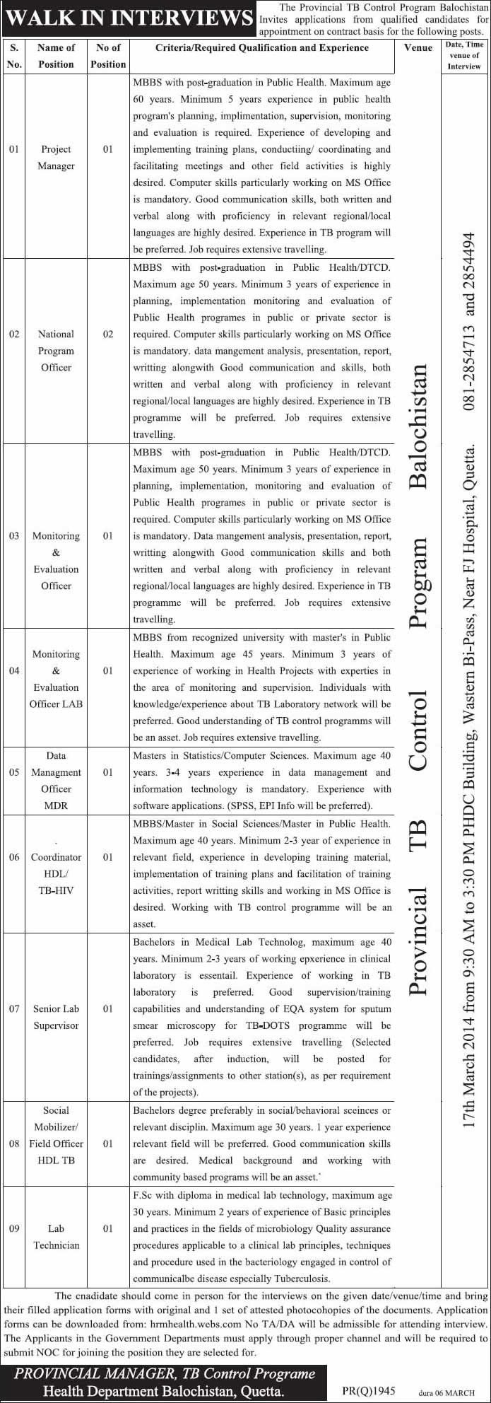 Provincial TB Control Program Balochistan Jobs 2014 March Latest