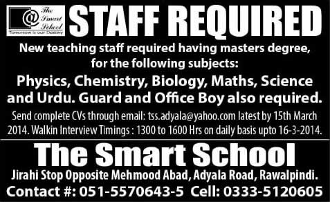 The Smart School Rawalpindi Jobs 2014 March for Teaching & Non-Teaching Staff