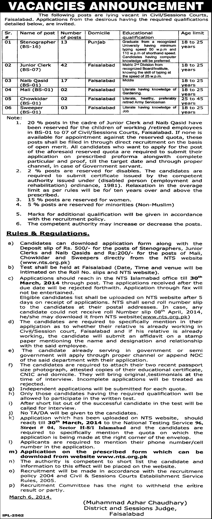 District & Civil / Session Courts Faisalabad Jobs 2014 March NTS Test