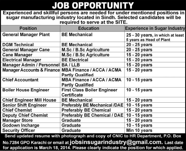 Sugar Manufacturing Industry Jobs 2014 March PO Box 7284 GPO Karachi