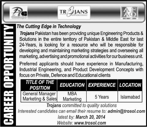 Trojans Pakistan Jobs 2014 March for General Manager Marketing & Sales
