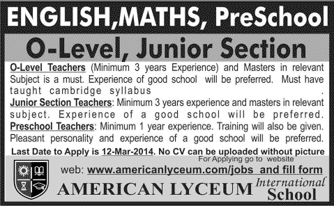 Teaching Jobs in Lahore 2014 March at American Lyceum International School