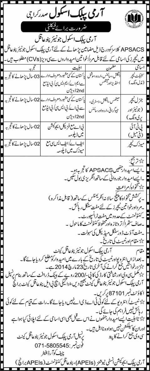 Army Public School Saddar Karachi Jobs 2014 March for Teaching Faculty