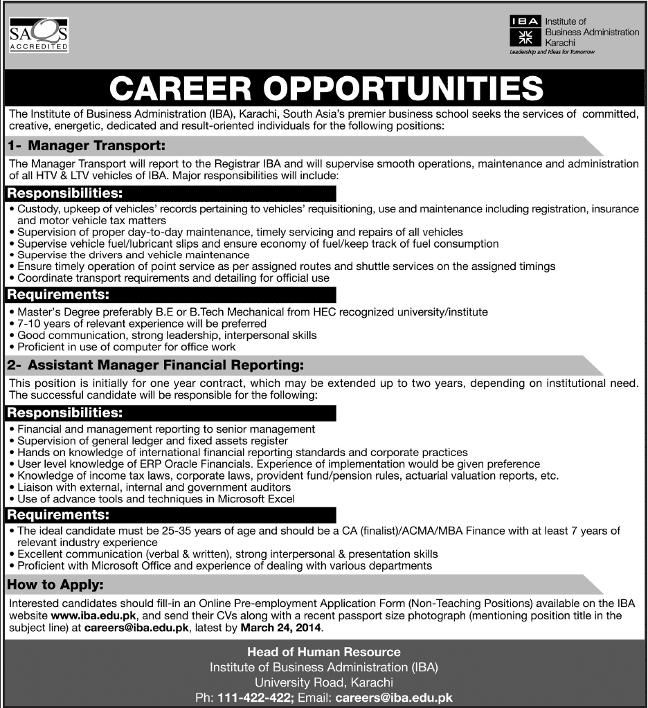 IBA Karachi Jobs 2014 March for Transport Manager & Assistant Manager Financial Reporting