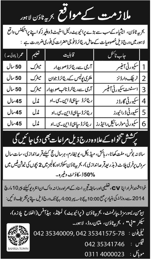 Bahria Town Lahore Jobs 2014 March for Security Staff