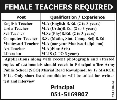 Army Public School SCO Rawalpindi Jobs 2014 March for Teaching Faculty & Librarian