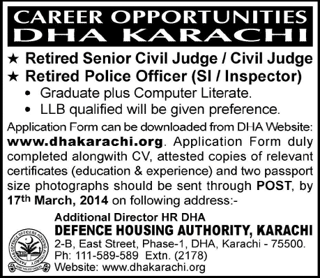 DHA Karachi Jobs 2014 March for Retired Civil Judge & Police Officer