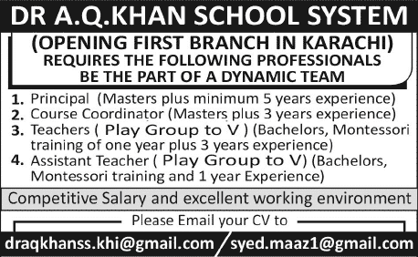 Dr. A Q Khan School System Karachi Jobs 2014 March for Teaching & Administrative Staff