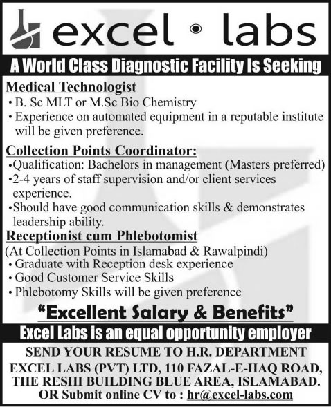 Excel Labs Islamabad / Rawalpindi Jobs 2014 March for Medical Technologist, Phlebotomist & Coordinators