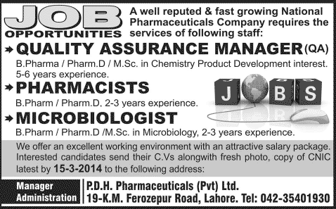PDH Pharmaceutical (Pvt.) Ltd Lahore Jobs 2014 March Pharmacist