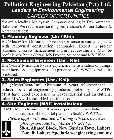Pollution Engineering Pakistan (Pvt.) Ltd Jobs 2014 March for Civil / Mechanical / Environmental Engineers