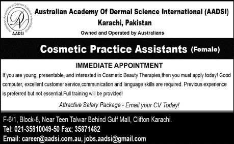 Cosmetic Practice Assistant Jobs in Karachi 2014 March at Australian Academy of Dermal Science International (AADSI)