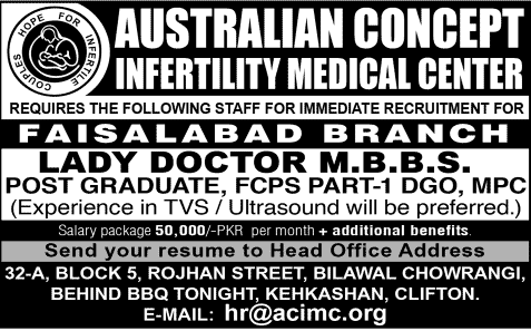 Lady Doctor Jobs in Faisalabad 2014 March at Australian Concept Infertility Medical Center