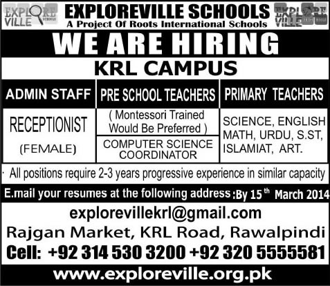 Exploreville Schools KRL Campus Jobs 2014 March for Teachers & Receptionist