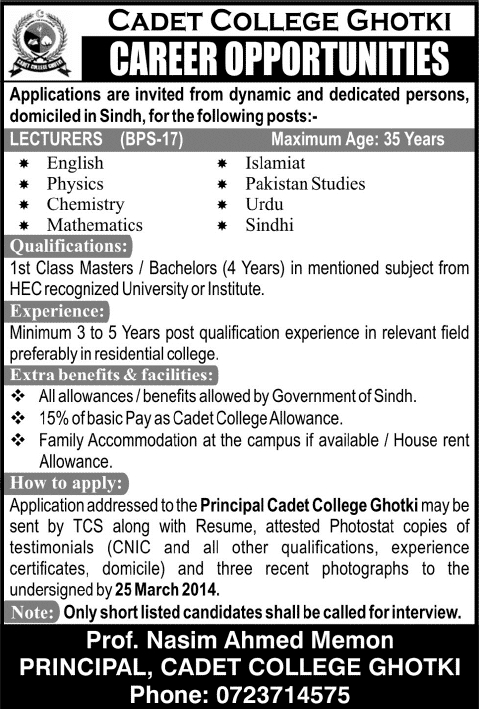 Cadet College Ghotki Jobs March 2014 for Lecturers / Teaching Faculty
