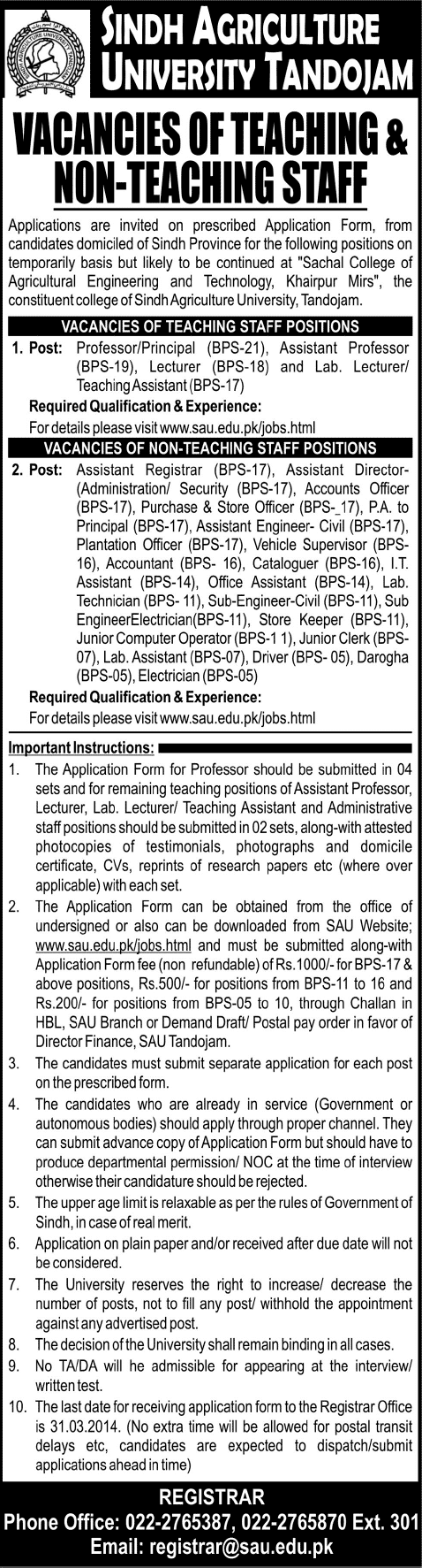Sindh Agriculture University - Sachal College Jobs 2014 March for Teaching & Non-Teaching Staff