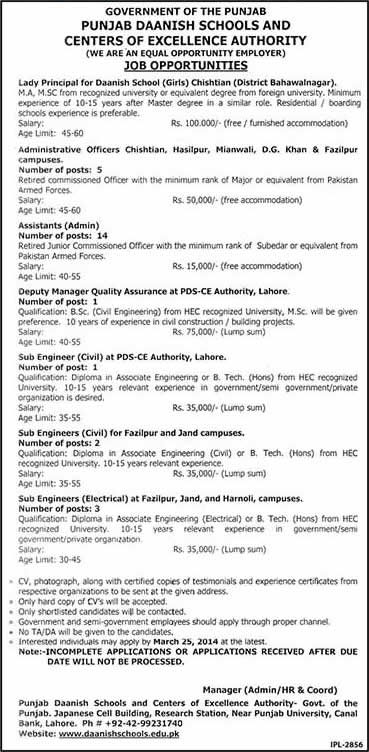 Punjab Daanish Schools & Centers of Excellence Authority Jobs 2014 March Latest Advertisement