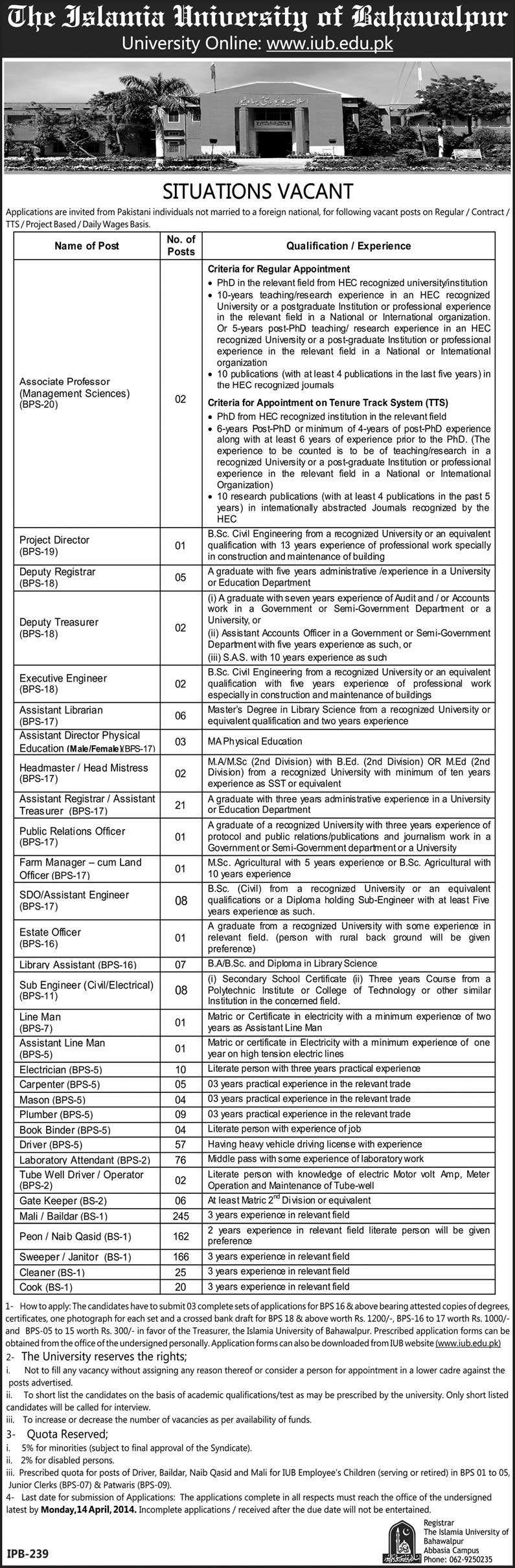 The Islamia University of Bahawalpur Jobs 2014 March for Teaching & Administrative Staff