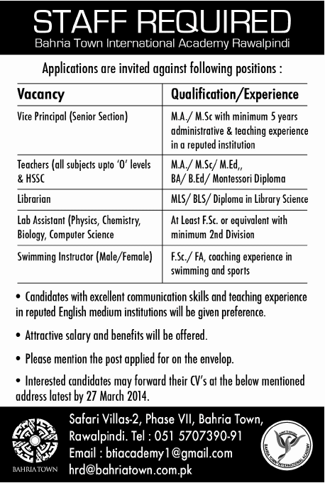 Bahria Town International Academy Rawalpindi Jobs 2014 March for Teaching & Non-Teaching Staff