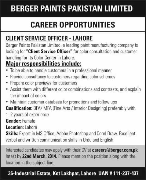 Berger Paints Pakistan Limited Jobs 2014 March for Client Service Officer
