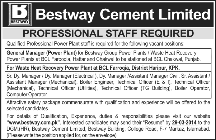 Bestway Cement Jobs 2014 March for Power Plant Staff