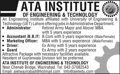 Ata Institute of Engineering & Technology Wazirabad Jobs 2014 March for Administrative Staff