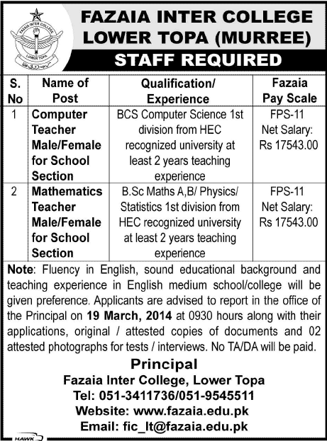 Fazaia Inter College Lower Topa Murree Jobs 2014 March for Computer & Mathematics Teachers