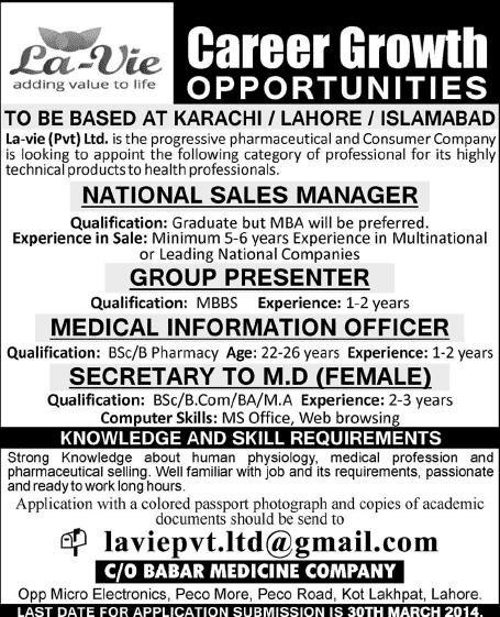 La-Vie (Pvt.) Ltd Jobs 2014 March for Sales Manager, Group Presenter, Secretary & Medical Information Officer