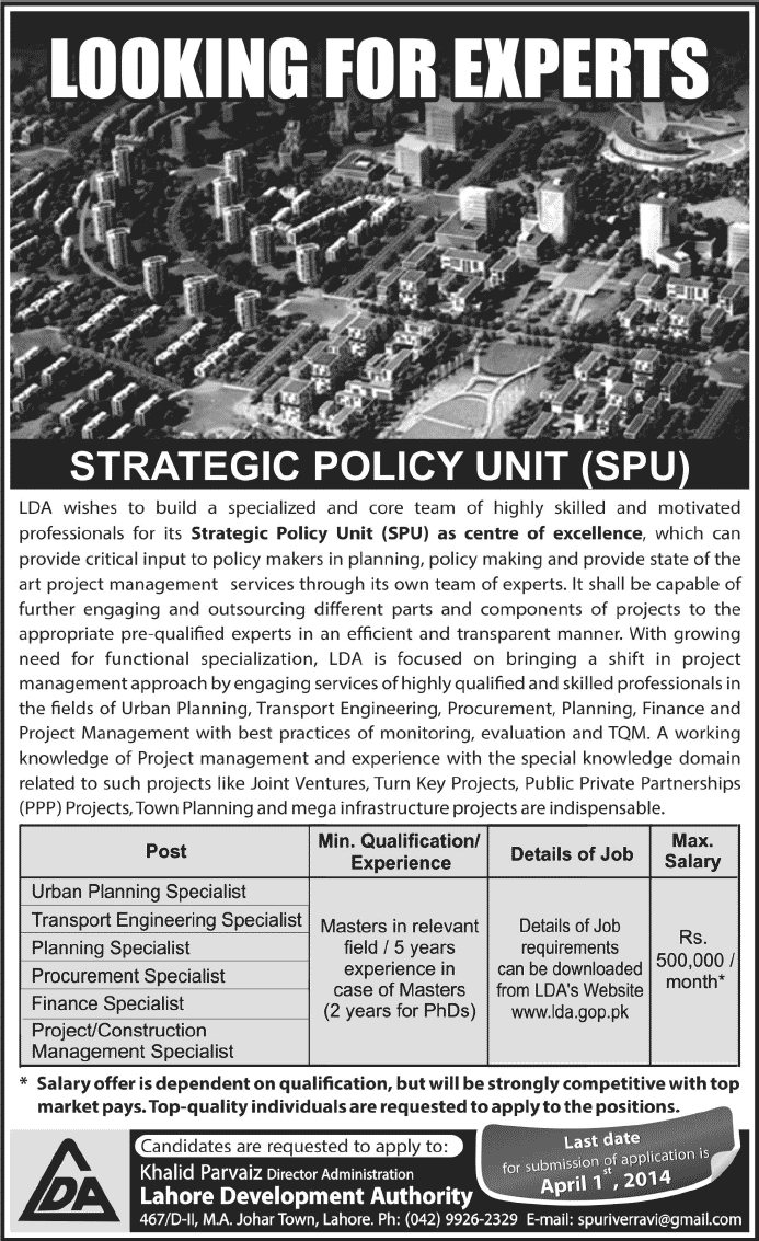 LDA Jobs 2014 March for Experts in Strategic Policy Unit (SPU)