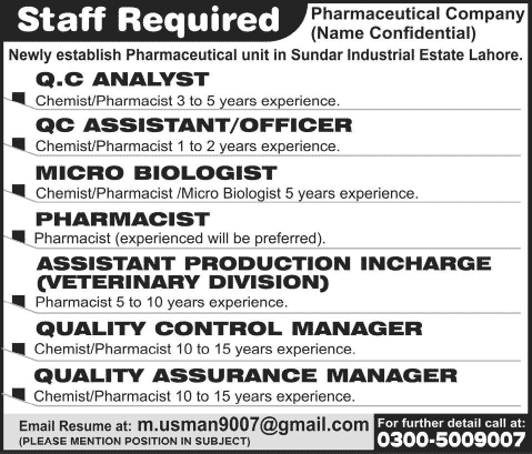 Chemist & Pharmacist Jobs in Lahore 2014 March for Pharmaceutical Company