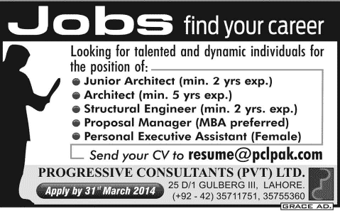 Progressive Consultants (Pvt.) Ltd Lahore Jobs 2014 March for Architects, Structural Engineer, Proposal Manager & Assistant