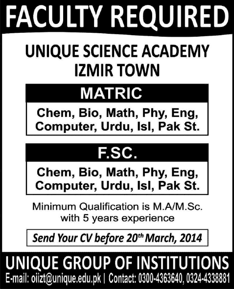 Unique Science Academy Izmir Town Lahore Jobs 2014 March for Teaching Faculty