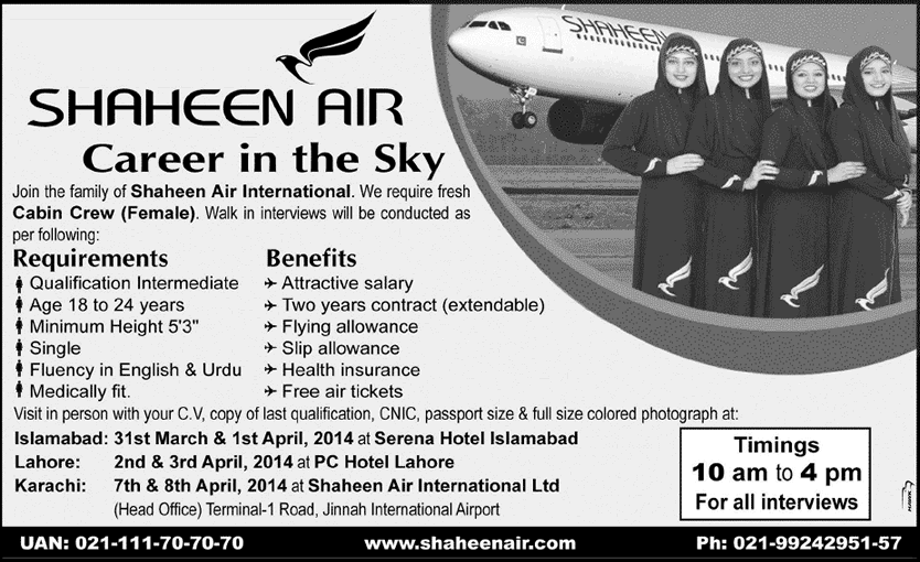 Cabin Crew / Air Hostess Jobs in Shaheen Air International 2014 March Latest Advertisement