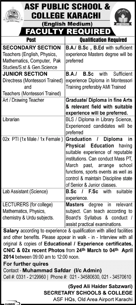 ASF Public School & College Karachi Jobs 2014 March for Teaching Faculty & Non-Teaching Staff