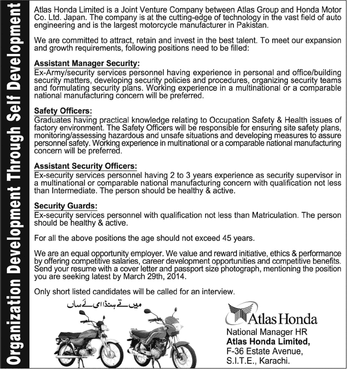 Atlas Honda Limited Karachi Jobs 2014 March for Safety Officers & Security Staff