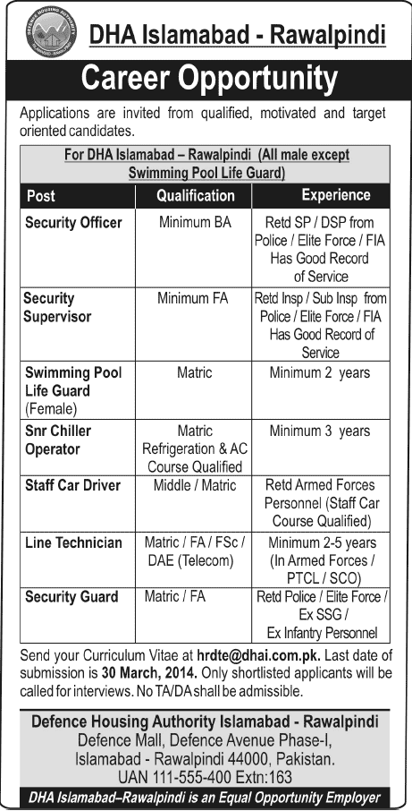 DHA Islamabad Rawalpindi Jobs 2014 March for Security Staff, Technicians, Driver & Life Guard