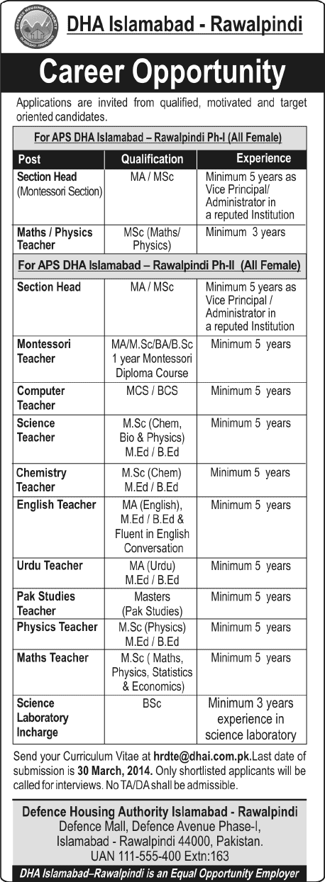 Army Public School DHA Islamabad Rawalpindi Jobs 2014 March for Teaching Faculty