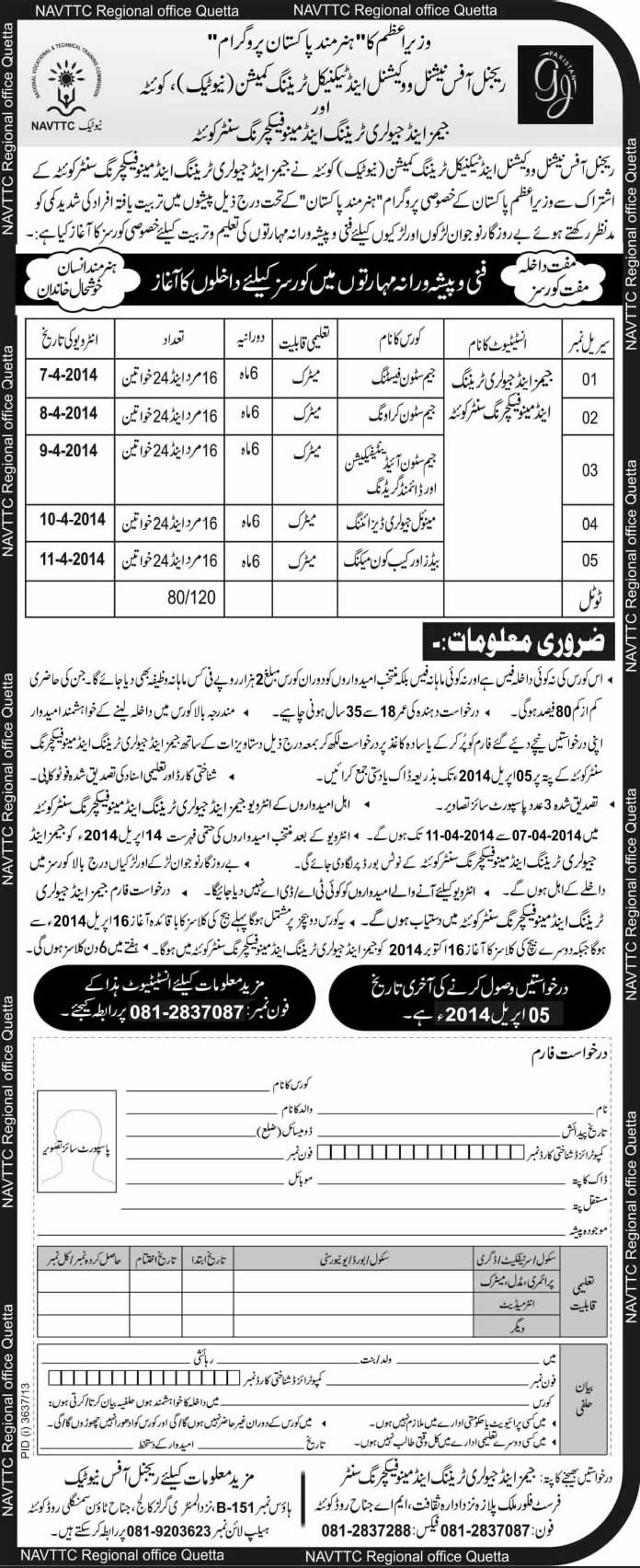 NAVTTC Free Training Courses in Quetta 2014 March at Gems & Jewelry Training & Manufacturing Center