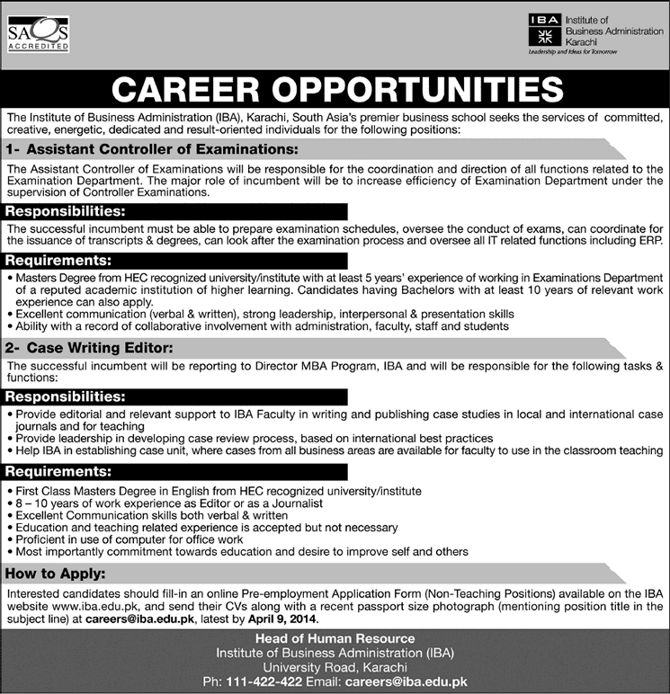 IBA Karachi Jobs 2014 March for Assistant Controller of Examination & Case Writing Editor