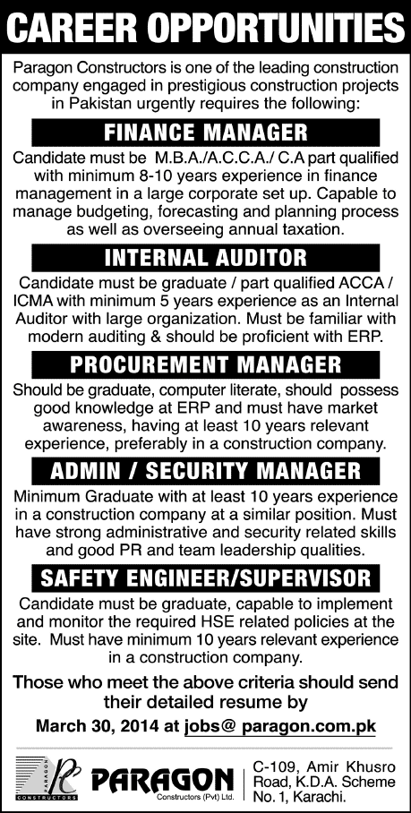 Paragon Constructors Karachi Jobs 2014 March for Finance / Admin / Procurement Managers, Internal Auditor & Safety Engineer