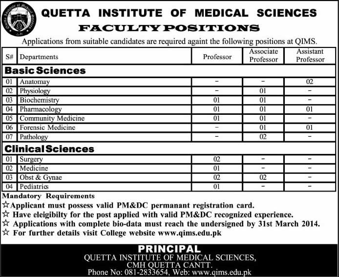 Quetta Institute of Medical Sciences - QIMS Jobs 2014 March for Teaching Faculty in Basic & Clinical Sciences