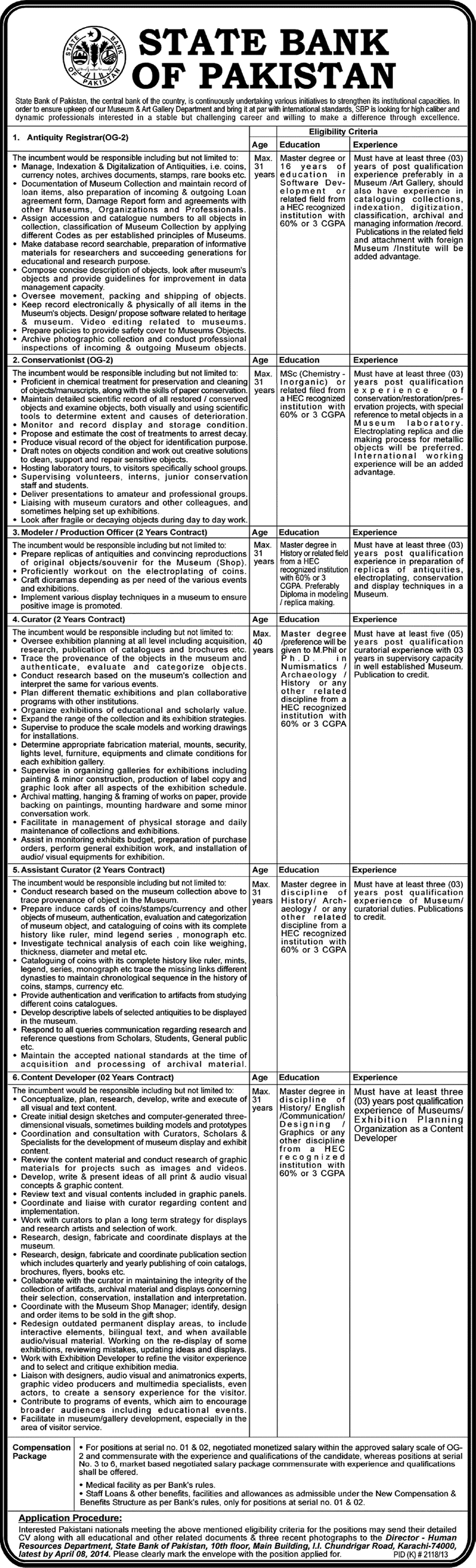 SBP Jobs 2014 March for Museum & Art Gallery Department