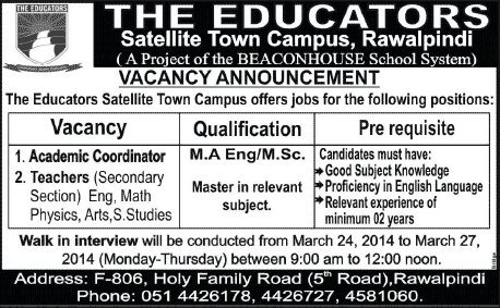 The Educators Satellite Town Campus Rawalpindi Jobs 2014 March for Teaching Faculty & Academic Coordinator